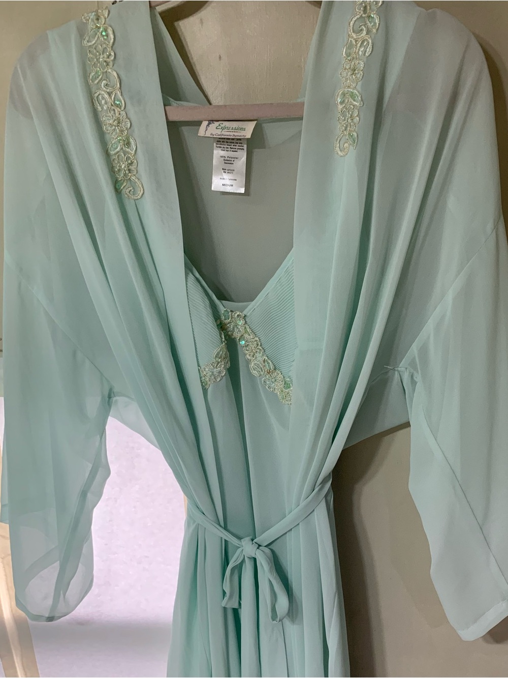 Expressions Sheer Mint Green Lace-Trim Robe&Sheer Slip set ( 2 piece)